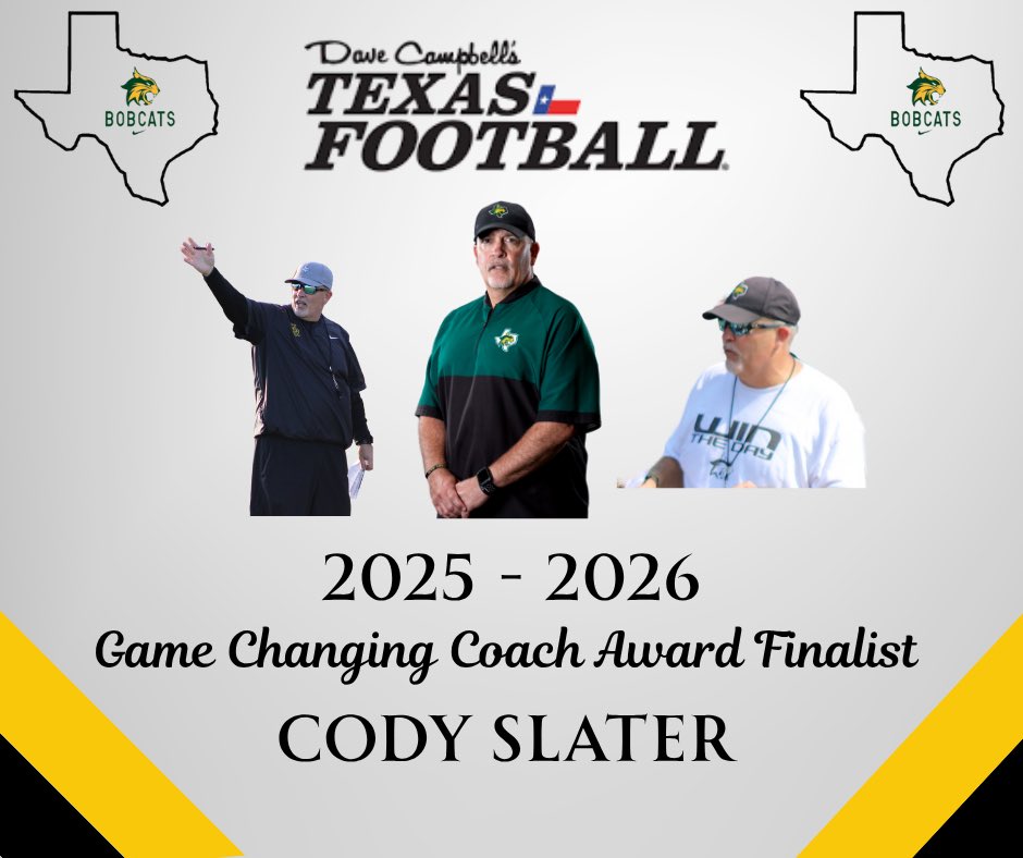 Coach Slater has been named as finalist for the Dave Campbell’s Texas Football Game-Changing Coach Award! A Big Thank You to <a href="/dctf/">Dave Campbell's — TexasFootball.com</a> and <a href="/BallogyApp/">Ballogy</a> for the nomination!!  
👀 Be on the lookout for the link to vote! 👀 
#FAMILYALLIN #BobcatPride 
<a href="/FWISDAthletics/">FWISD Athletics</a> <a href="/BenbrookMHS/">Benbrook Middle-High</a>