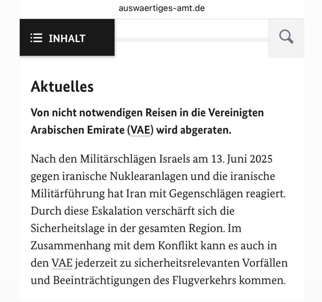‼️Reisewarnung für Flüge in die UAE; betrifft also auch Dubai!

Ein wenig Schadenfreude kann ich mir nicht verkneifen;da werden sich die vielen ausgewanderten Steuerflüchtlinge- Influencer mal umstellen müssen.
Das Leben da unten könnte sich überhaupt etwas ändern…
🎅🤡🤗
