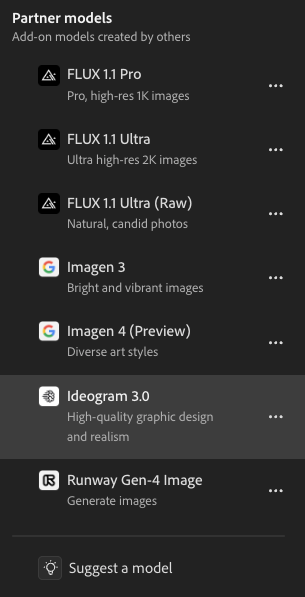 icreatelife's tweet photo. I'm happiest than ever to tell you that Adobe partnered with different AI model makers. Our partners and models you can use in Adobe Firefly (Boards, Mobile, etc.) 

Google DeepMind (Veo3, Veo2, Imagen 4) 
Flux Kontext, Flux Pro, etc. 
Ideogram 3.0
Pika
Luma 
Runway 
GPT 

🎉 https://t.co/cQ4CJ4AY2V