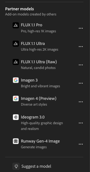 icreatelife's tweet photo. I'm happiest than ever to tell you that Adobe partnered with different AI model makers. Our partners and models you can use in Adobe Firefly (Boards, Mobile, etc.) 

Google DeepMind (Veo3, Veo2, Imagen 4) 
Flux Kontext, Flux Pro, etc. 
Ideogram 3.0
Pika
Luma 
Runway 
GPT 

🎉 https://t.co/cQ4CJ4AY2V