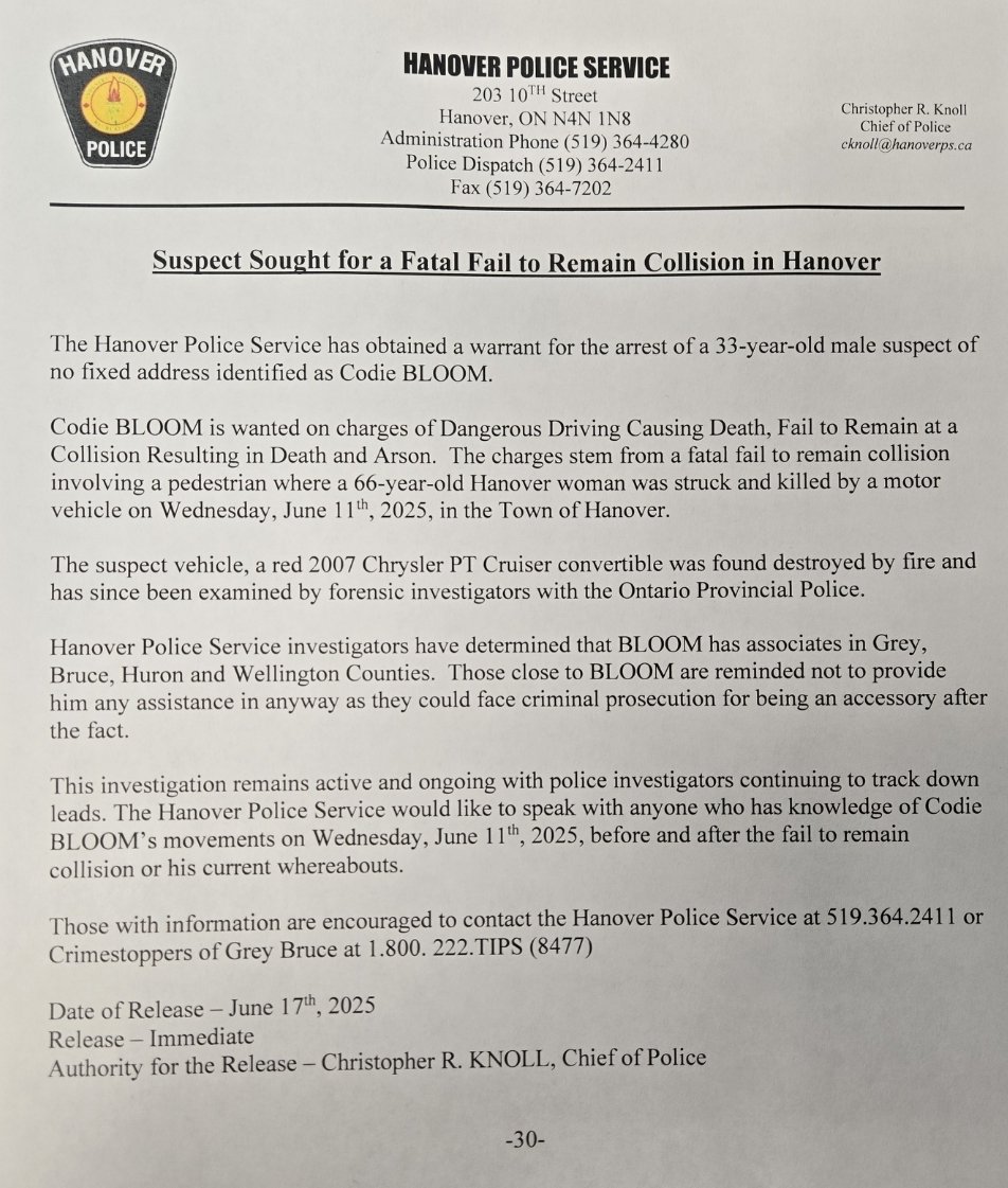 HPS - UPDATED Press Release - A warrant was issued for the arrest of a 33-year-old man of NFA identified as Codie BLOOM. BlOOM is wanted in connection with a fatal 'Hit and Run' fail to remain collision in Hanover where a 66-year-old Hanover woman was struck &amp; killed.