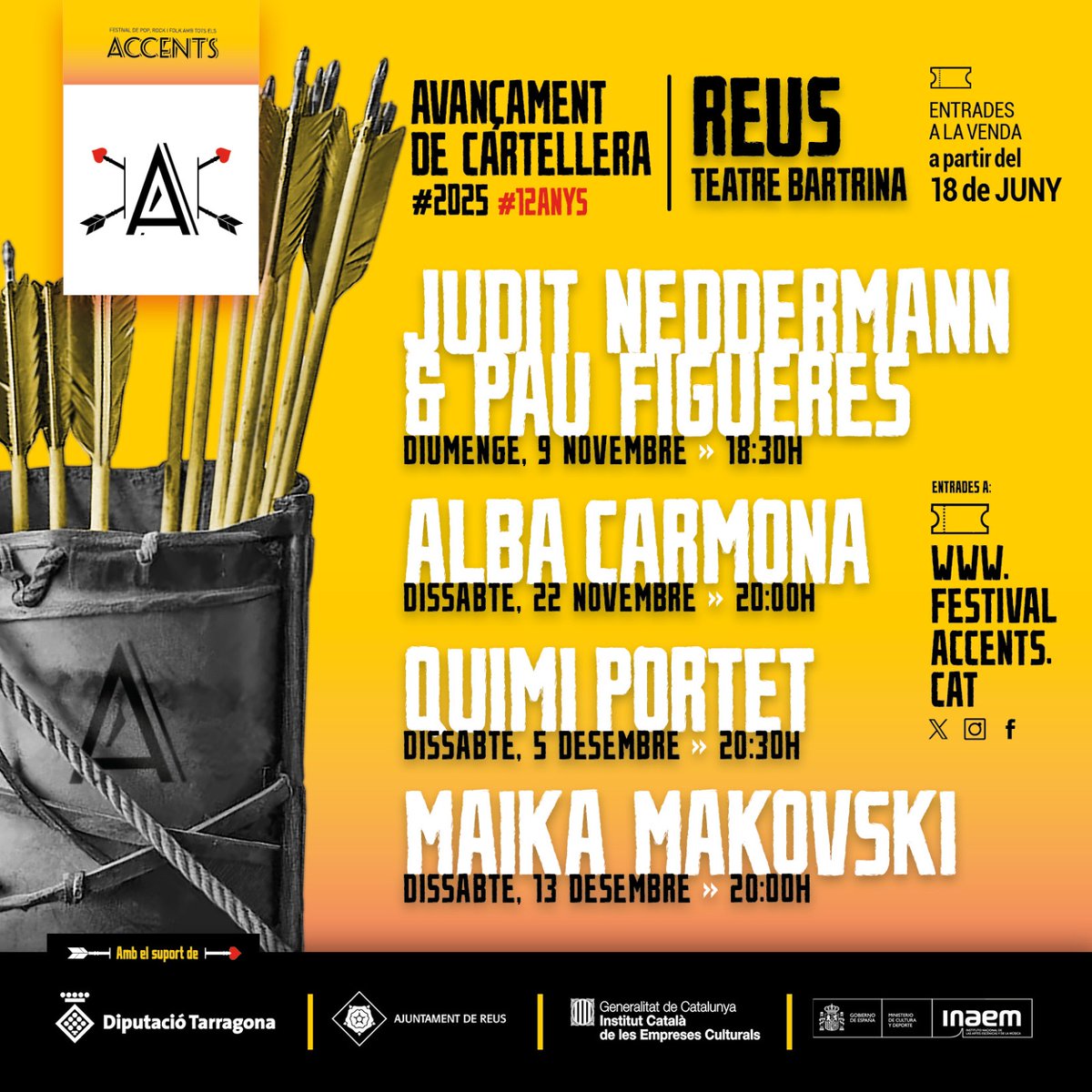 AccentsFestival (@accentsfestival) on Twitter photo 🎯 Ja a la venda les entrades del cicle Accents al Bartrina:
🎶 <a href="/juditneddermann/">Judit Neddermann</a> & <a href="/paufigueresgtr/">Pau Figueres</a> Diàlegs musicals (9/11)
🎤 <a href="/albacarmona_/">Alba Carmona</a> - Cantora (22/11)
🎸 <a href="/QuimiPortet/">QuimiPortet</a> - World Tour ‘25 (5/12)
🔥 @MaikaMakovski - Bunker Rococó (13/12)
🎟️ festivalaccents.cat
#Accents25 🎯 Ja a la venda les entrades del cicle Accents al Bartrina:
🎶 <a href="/juditneddermann/">Judit Neddermann</a> & <a href="/paufigueresgtr/">Pau Figueres</a> Diàlegs musicals (9/11)
🎤 <a href="/albacarmona_/">Alba Carmona</a> - Cantora (22/11)
🎸 <a href="/QuimiPortet/">QuimiPortet</a> - World Tour ‘25 (5/12)
🔥 @MaikaMakovski - Bunker Rococó (13/12)
🎟️ festivalaccents.cat
#Accents25
