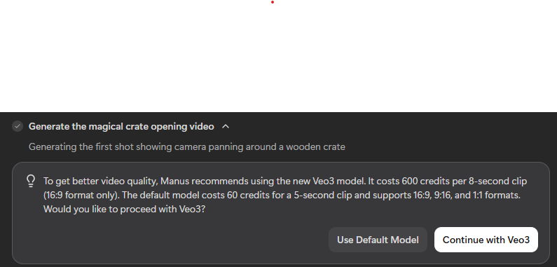 MatteoValles's tweet photo. Tried @manusai AI video creation feature and got this message.

Is Manus just using Veo 3?

Their advertising made it seem like it was their own video creation algorithm. https://t.co/cma88xRcid