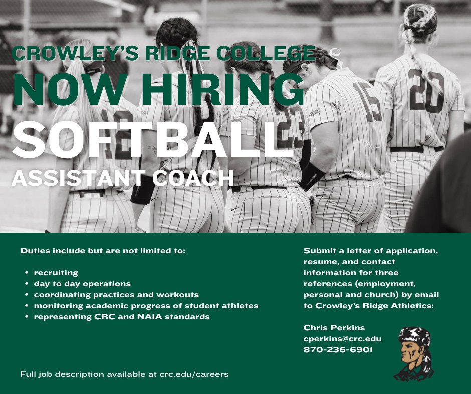 Crowley’s Ridge College, located in Paragould, Arkansas, has an immediate opening for an Assistant Coach for Women’s Softball. A Bachelor’s degree is required.