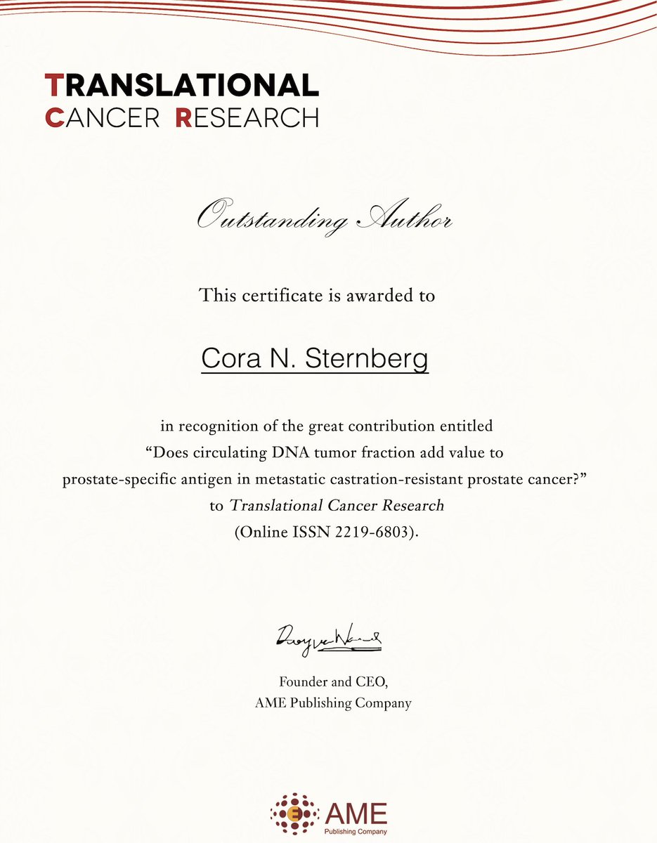 Please join us in congratulating our Clinical Director Dr. Cora N. Sternberg (<a href="/cnsternberg/">Cora Sternberg</a>) on being named an Outstanding Author by the journal Translational Cancer Research (<a href="/OfficeAme/">AME</a>)!