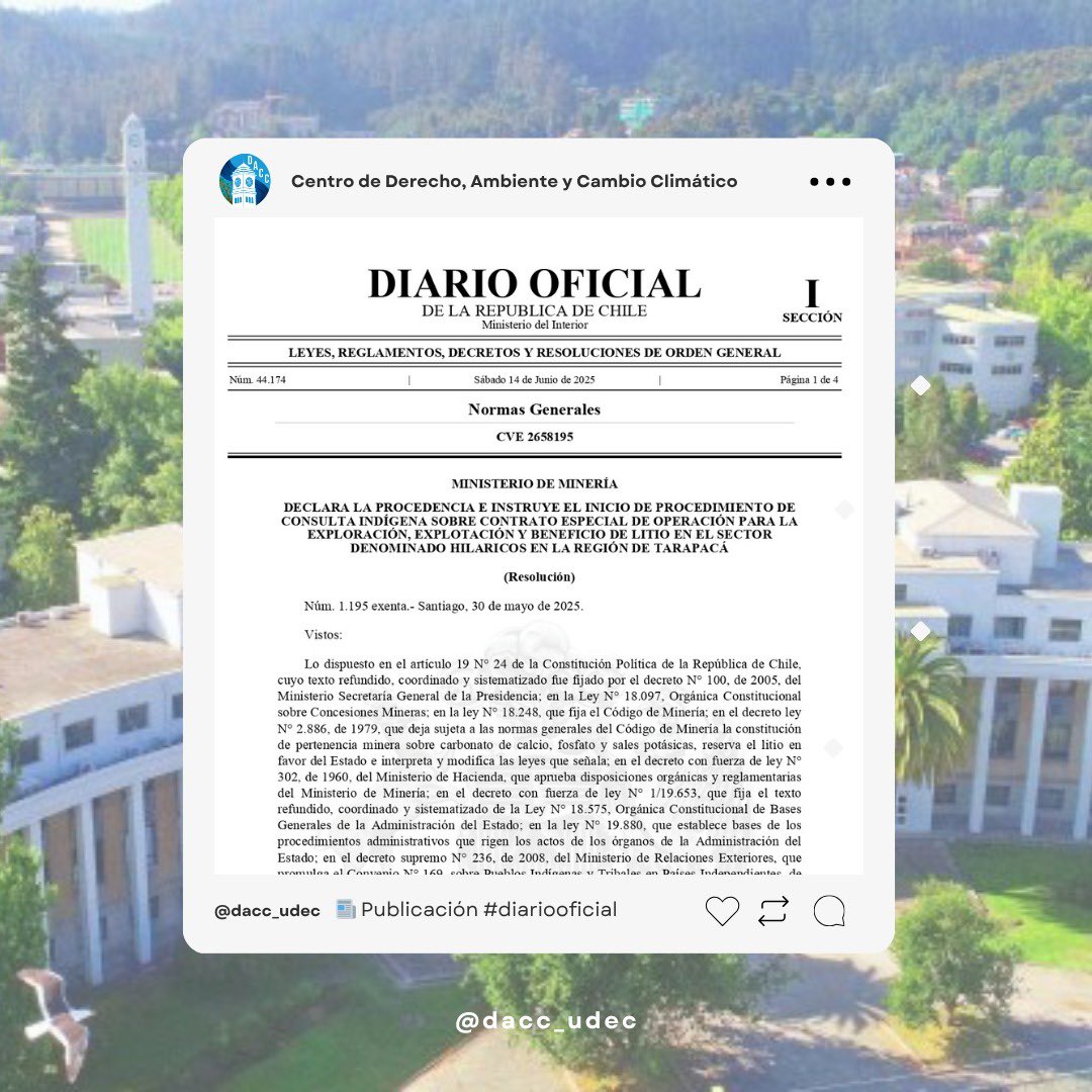 D.O. publica R.E. 1.195 de 2025 del Ministerio de Minería, que declara la procedencia e instruye el inicio de procedimiento de consulta indígena sobre contrato especial de operación para la exploración, explotación y beneficio de litio en el sector Hilaricos, en la R. de Tarapacá