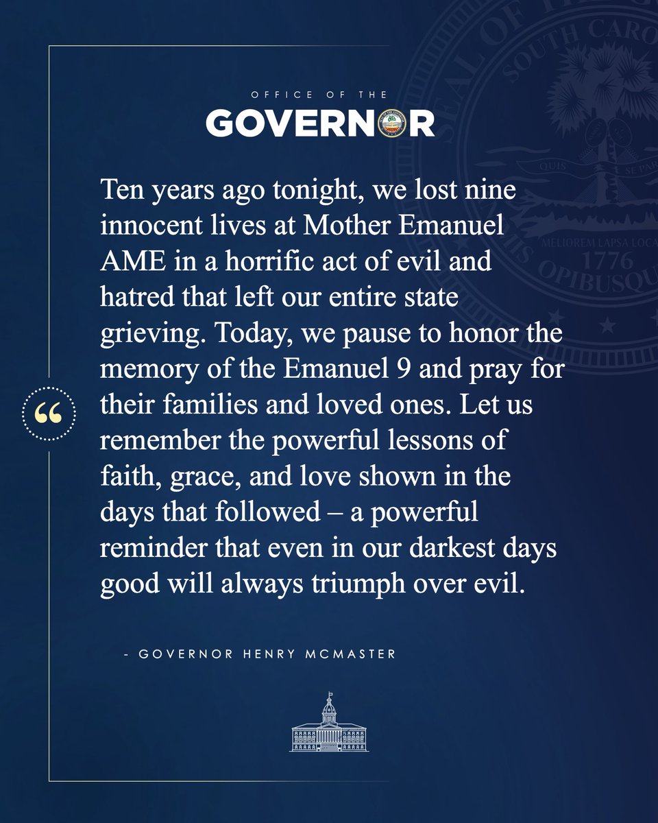 Ten years ago tonight, we lost nine innocent lives at Mother Emanuel in a horrific act of evil and hatred. Today, we pause to honor the memory of the Emanuel 9 and pray for their families and loved ones.