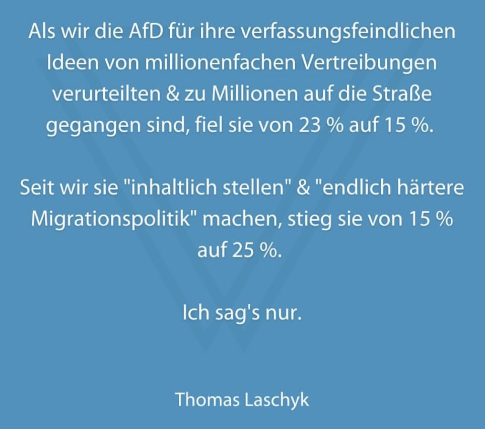 ‼️Mein Dienstags #Micdrop 🎤

Ergo: Wir können die A*D nicht argumentativ stellen!
Wer das nicht kapiert trägt zu ihrer Stärkung bei!

<a href="/Volksverpetzer/">Volksverpetzer 🇪🇺🇺🇦🏳️‍🌈</a> 
<a href="/ThomasLaschyk/">Chefpetze</a> 
#AfDVerbotjetzt 
#afdverbotsverfahren