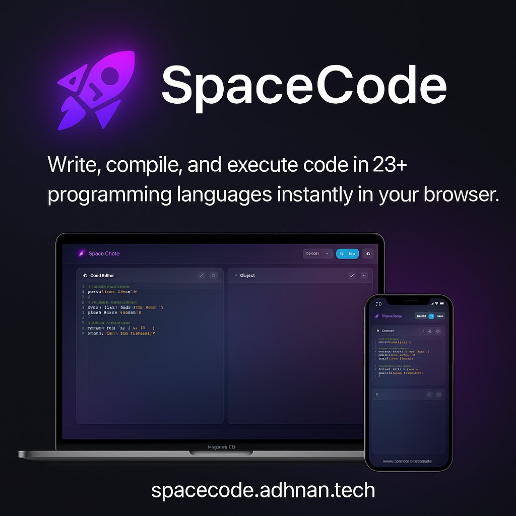 adhnanshereef's tweet image. 🚀 Code anytime. Anywhere. In your browser.
Meet SpaceCode — an online compiler supporting 23+ languages.
No installs. Just open & start coding. 💻📱
🔗 spacecode.adhnan.tech
#SpaceCode #DevTools #OnlineCompiler #CodeInBrowser #100DaysOfCode #BuildInPublic #WebDev #Python #JS