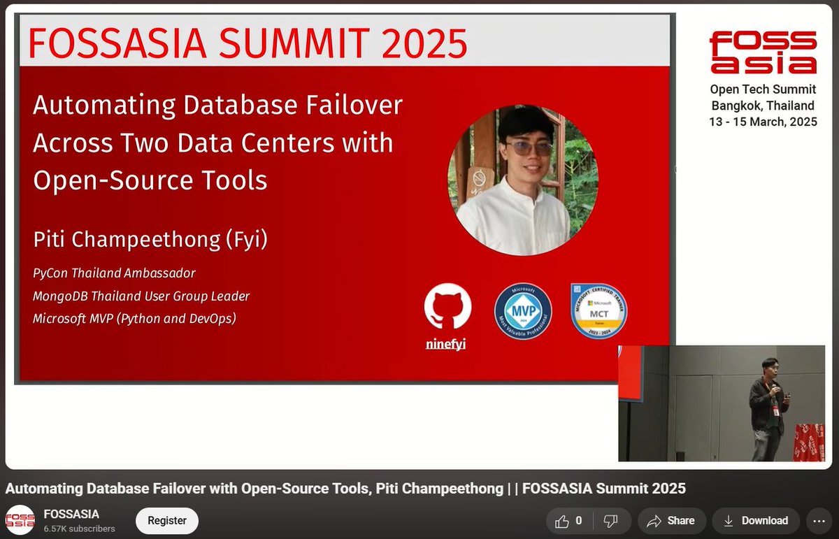 🗄️ Keep your #databases online with automated failover!

Use #MongoDB, #Prometheus &amp; #Grafana to monitor &amp; switch data centers reliably. Watch Piti Champeethong's cost-effective, #opensource approach.

🎥 Click here: youtu.be/6rU-dv6LNqM