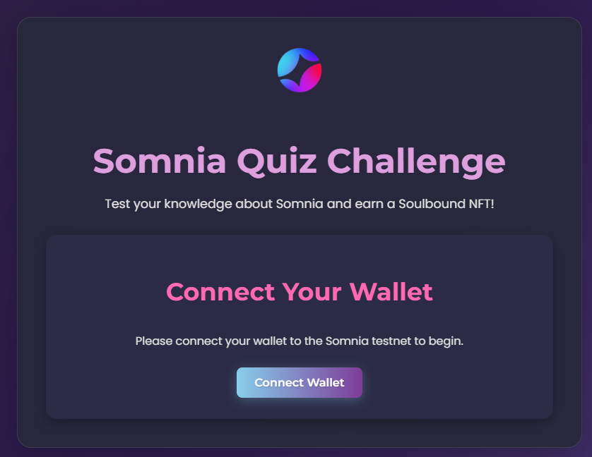 Normal💎🧡 (@0xnormal_) on Twitter photo Ready to prove your <a href="/Somnia_Network/">Somnia - a Fully Onchain World</a> knowledge? Take the Somnia Quiz Challenge and mint your exclusive Soulbound NFT on the Somnia testnet if you score at least 7
somnia-olive.vercel.app Ready to prove your <a href="/Somnia_Network/">Somnia - a Fully Onchain World</a> knowledge? Take the Somnia Quiz Challenge and mint your exclusive Soulbound NFT on the Somnia testnet if you score at least 7
somnia-olive.vercel.app