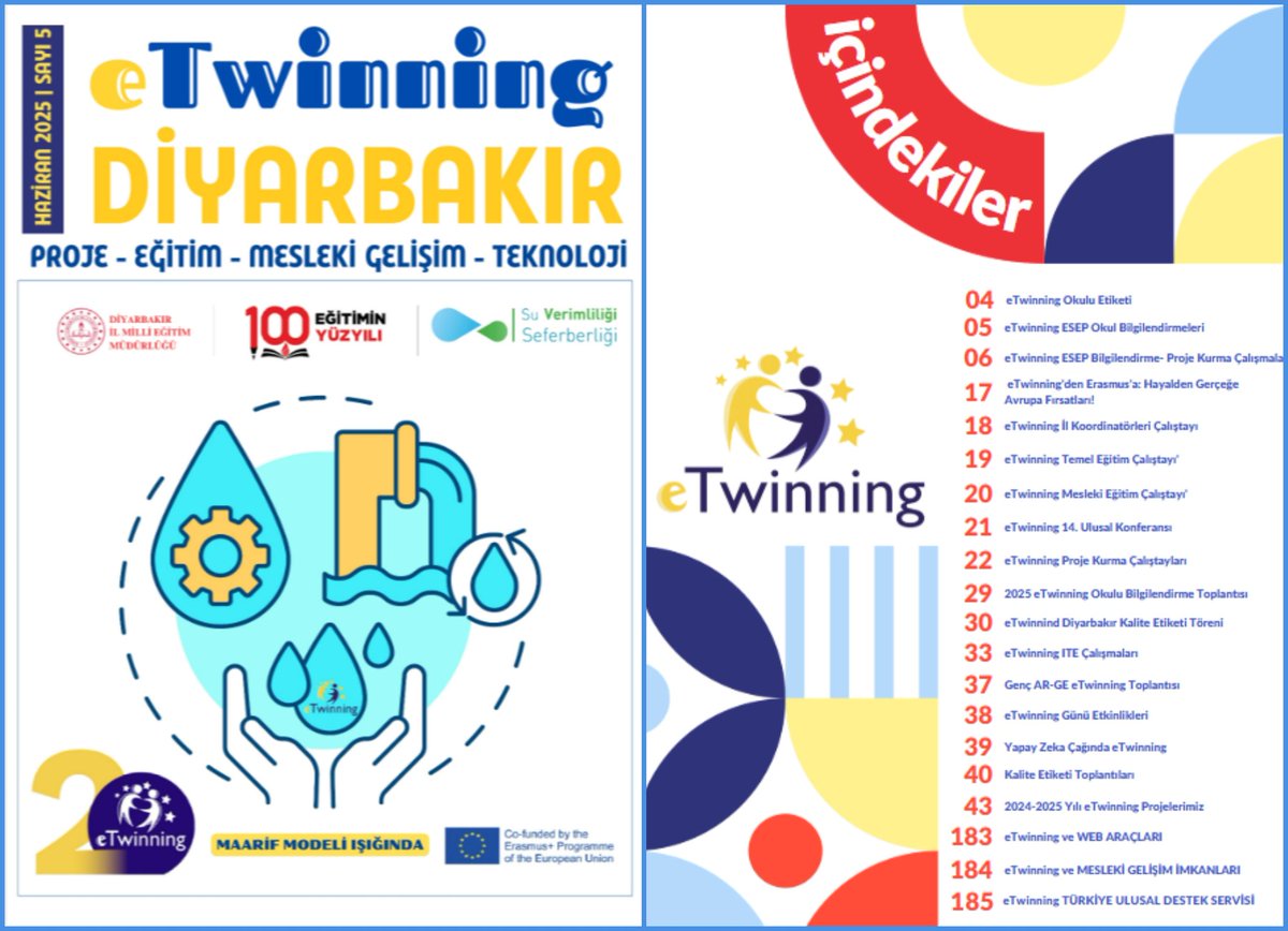 2024-2025 yılı içerisinde ilimizde yürütülen 50’ye yakın eTwinning faaliyeti ile Su Verimliliği Seferberliği başta olmak üzere öğretmenlerimizce yürütülen 120 uluslararası eTwinning projesini içeren eTwinning Diyarbakır Dergimizin 5. sayısı yayımlandı.
 diyarbakirarge.meb.gov.tr/eTwinningDiyar…