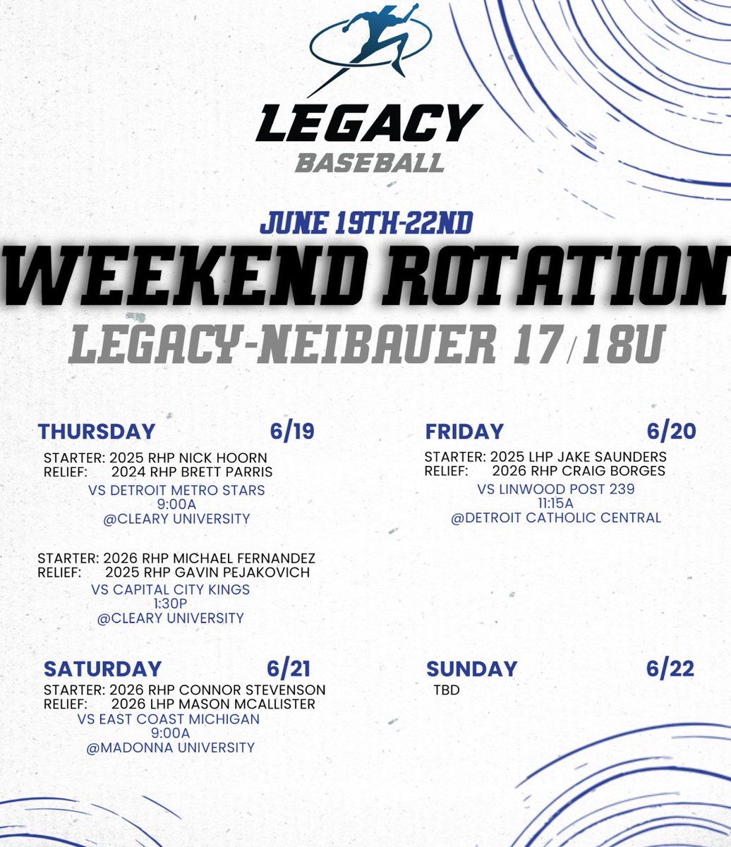 Legacy-Neibauer 18u (@legacyneibauer) on Twitter photo Back in action <a href="/LegacyMI_BAS/">Legacy Baseball</a> College Prep this weekend
G1: Start:<a href="/NickHoorn24/">Nick Hoorn</a>
Relief:<a href="/BRETTPARRIS23/">Brett Parris</a>
G2: Start:<a href="/Mikefernandez_1/">Michael Fernández</a>
Relief:<a href="/GavinPejakovich/">Gavin Pejakovich</a>
G3: Start:<a href="/_Hefty_Lefty15_/">Jake Saunders</a>
Relief:<a href="/Craigborge2326/">Craig Borges</a>
G4: Start:<a href="/crsteve1/">Connor Stevenson</a>
Relief:<a href="/masonmcall_26/">Mason McAllister</a> Back in action <a href="/LegacyMI_BAS/">Legacy Baseball</a> College Prep this weekend
G1: Start:<a href="/NickHoorn24/">Nick Hoorn</a>
Relief:<a href="/BRETTPARRIS23/">Brett Parris</a>
G2: Start:<a href="/Mikefernandez_1/">Michael Fernández</a>
Relief:<a href="/GavinPejakovich/">Gavin Pejakovich</a>
G3: Start:<a href="/_Hefty_Lefty15_/">Jake Saunders</a>
Relief:<a href="/Craigborge2326/">Craig Borges</a>
G4: Start:<a href="/crsteve1/">Connor Stevenson</a>
Relief:<a href="/masonmcall_26/">Mason McAllister</a>