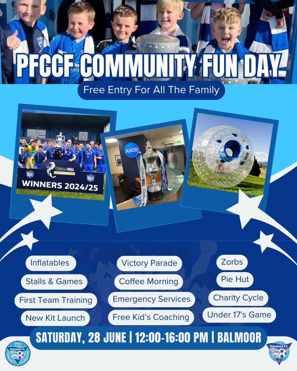 This is going to be a great day out for all the family, entry is free and there will be lots going on, including our new kit launch! 
Get yourselves along to Balmoor for our Peterhead FC Community Foundation Fun Day on the 28th June for a great day out 🫵