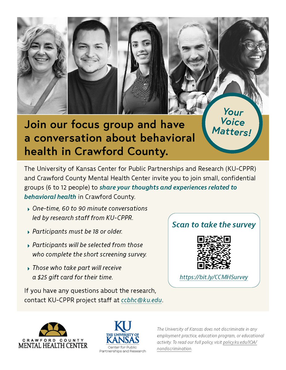 Your voice matters! 🗣️

We’re teaming up with KU-CPPR to better understand behavioral health in Crawford County.
🔹 Fill out a short survey
🔹 If selected, join a 60–90 min focus group

🎁 Get a $25 gift card for your time!

Must be 18+ | Survey here: bit.ly/CCMHSurvey