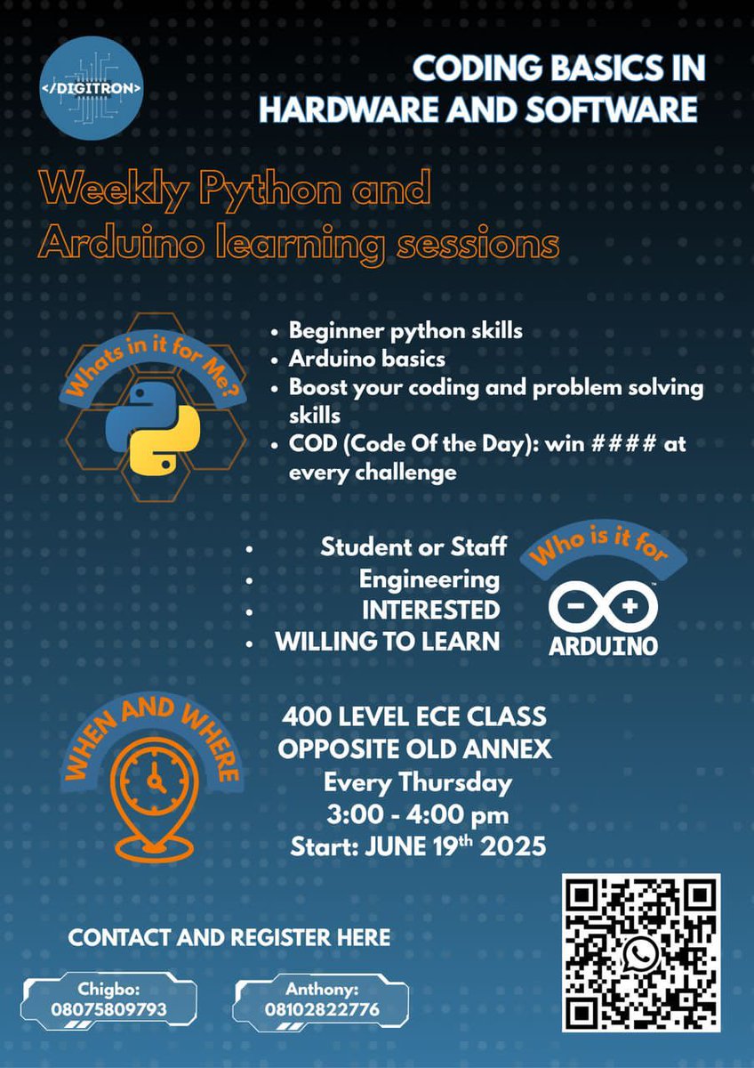 digitron_unn's tweet photo. 📚💻 Join us every Thursday for a weekly learning session in programming! Let's code, learn, and grow together! 💡 
When: *Thursdays*, *3:00pm* 
Where: *ECE corridor, old annex*. 
Come ready to level up your skills! 💻👍 See you there! 😊

#python #arduino #computer #engineering https://t.co/Ma3ZrkZwzZ