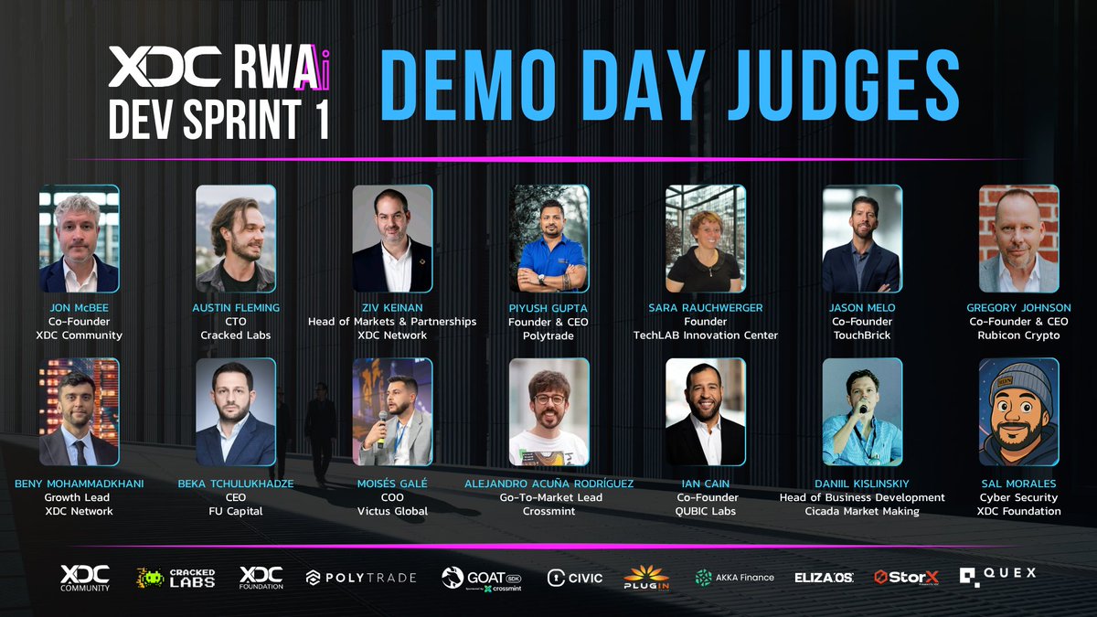 🧑‍⚖️ XDC RWAI DEMO DAY

🔥 XDC Network leadership, ecosystem projects, market makers, VCs, and accelerators have been assembled to participate in selecting the top 3 projects that have created an AI Agent on XDC!

🏆 Sponsor Winners and Main Prize Finalists (short list) for Demo