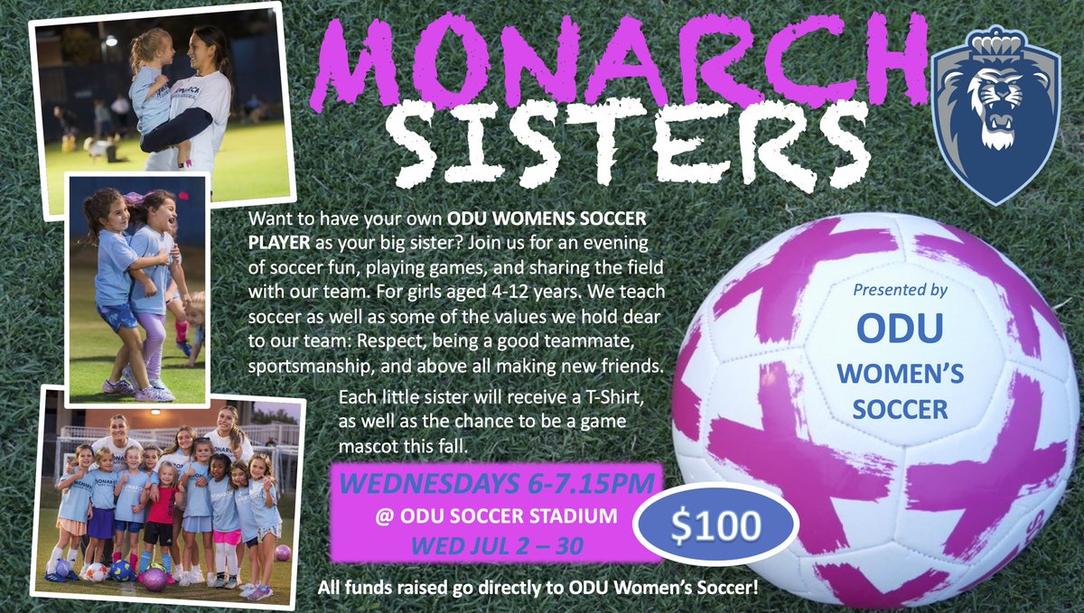 Monarch Sisters is BACK!

We are so excited to welcome everyone back for another session of Monarch Sisters! Come join us on Wednesday nights this summer for great evenings of soccer and fun!

Registration is open now, email zhanson@odu.edu for registration and more information!