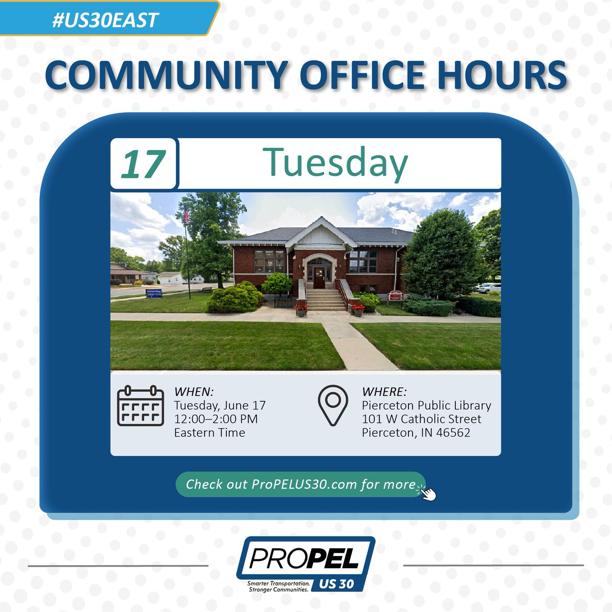 PropelUS30's tweet photo. Join us for Community Office Hours today at the #Pierceton Public Library from noon to 2 p.m. The #ProPELUS30East study team is here to receive your feedback. 

https://t.co/HNC8WzvP3g https://t.co/mySn2kDYLe