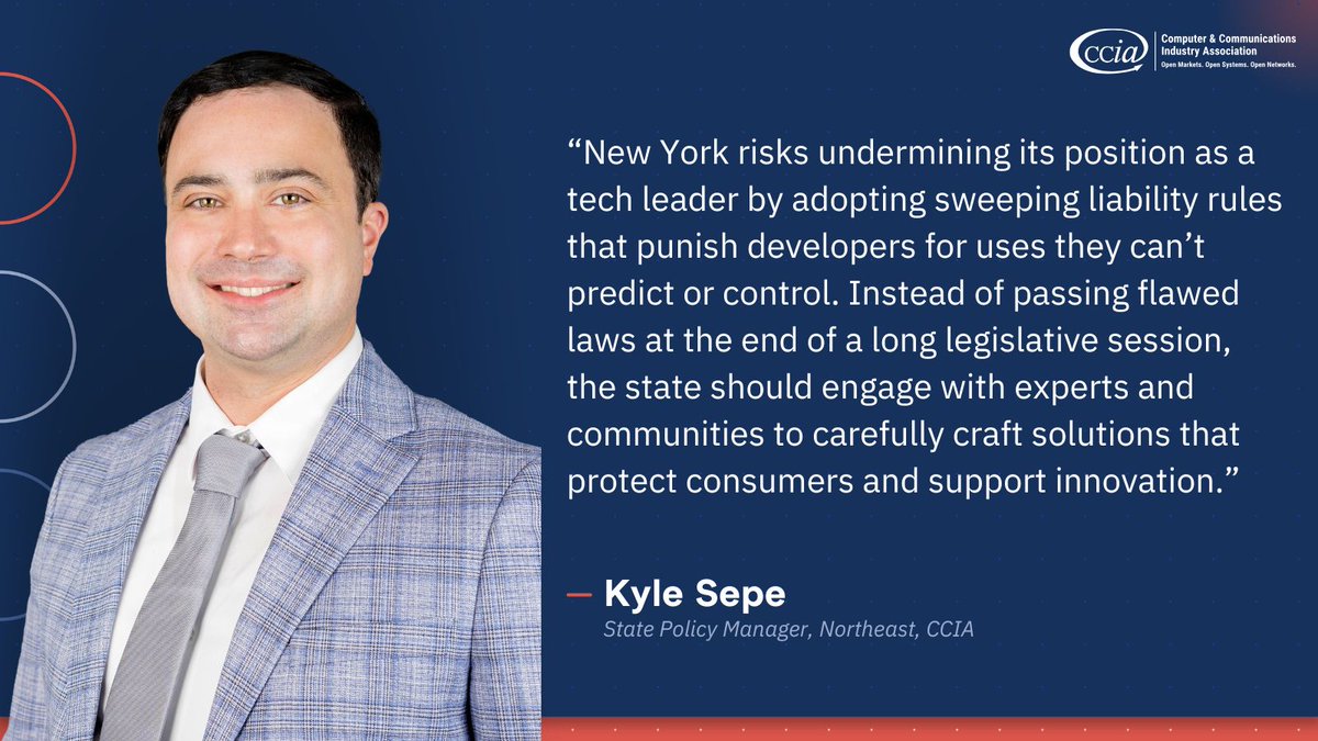 CCIA urges Governor Kathy Hochul to veto the RAISE Act (S 6953). The bill would hold AI developers liable for actions that are out of their control and would ban standard safeguards that protect responsible, open AI research. If signed, the bill would stifle innovation and weaken
