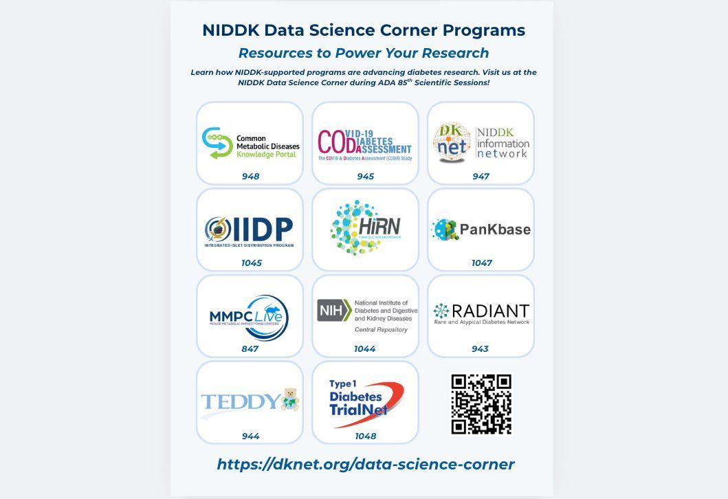 dkNET_Info's tweet image. Planning your #ADA2025 visit? Don’t miss the NIDDK #DataScience Corner hosted by #dkNET!
📍 Between ADA Member Lounge & Product Theater 1
🗓 Visit during the reception or exhibit hours
🎉 Celebrate 75 years of #NIDDK!
🔗 dknet.org/data-science-c…
#ADASciSessions