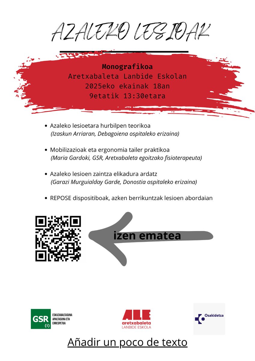 AZALEKO LESIOAK monografikoa

📅 Ekainaren 18an, 9:00etatik 13:30era
📍 Aretxabaleta Lanbide Eskola

🧑‍⚕️ Tailer praktikoak, berrikuntzak (REPOSE dispositiboak barne).

👇🏼Eman izena: labur.eus/azalekolesioak…
<a href="/osakidetzaEJGV/">Osakidetza</a> <a href="/i_Tlent/">iTlent</a> <a href="/tknika/">Tknika</a> <a href="/FPeuskadi/">FPeuskadi</a> #ulcera #zaintzak #aretxabaleta