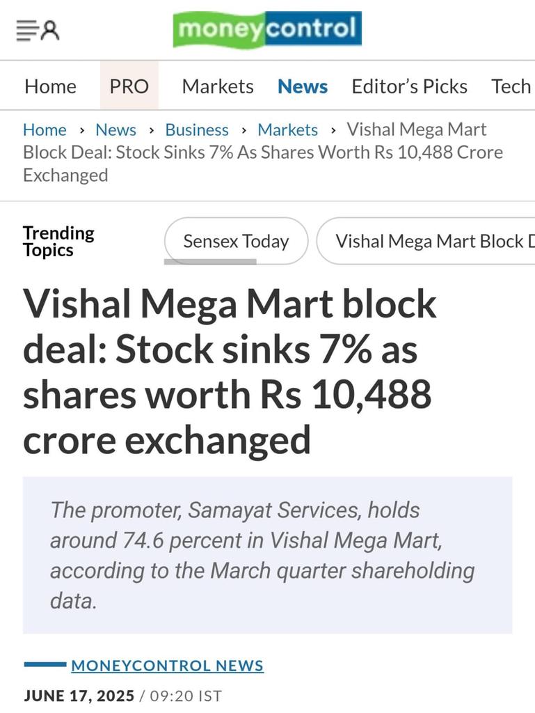 NSuresh_ECW's tweet photo. Promotor entity of Vishal mega Mart Samayat Services LLP offloaded stake worth ₹10,488 crores today
~Around 91 crore shares or 20.2 percent equity in the firm was sold at ₹115 per share
#vishalmart #ValueRetail https://t.co/3SBGLHvc8s