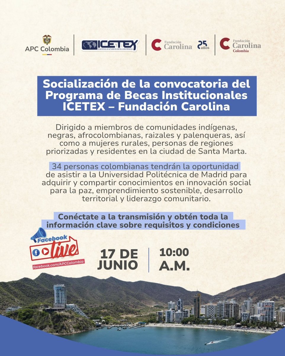 ⏰ ¡En 5 minutos inicia la socialización de la convocatoria del Programa de Becas Institucional ICETEX!

Acompáñanos junto a <a href="/ICETEX/">ICETEX</a> y <a href="/RedCarolinaCol/">Fundación Carolina Colombia</a> para conocer cómo acceder a esta oportunidad de formación internacional.

📌youtube.com/live/t6ibBt2j2…