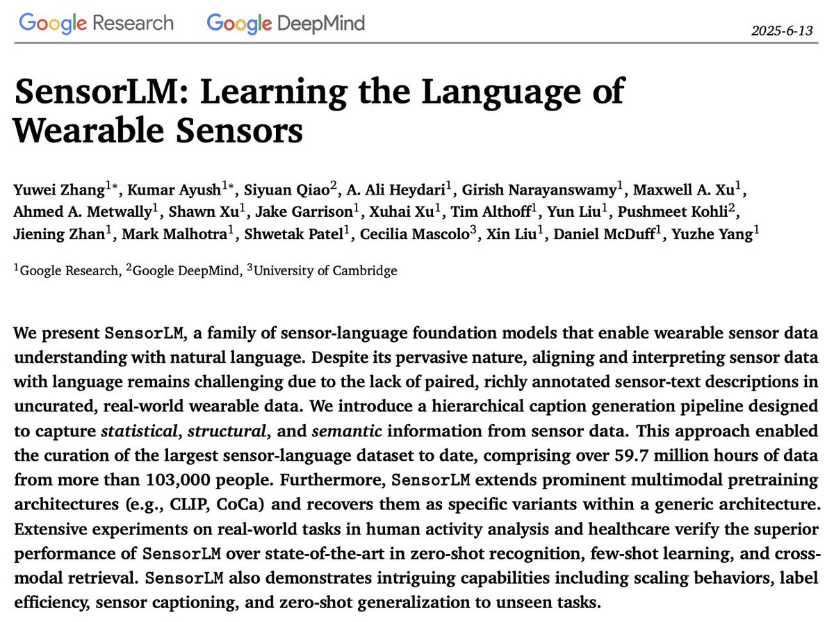 🚨 Let your wearable data "speak" for themselves! ⌚️🗣️

Introducing *SensorLM*, a family of sensor-language foundation models, trained on ~60 million hours of data from &gt;103K people, enabling robust wearable sensor data understanding with natural language. 🧵