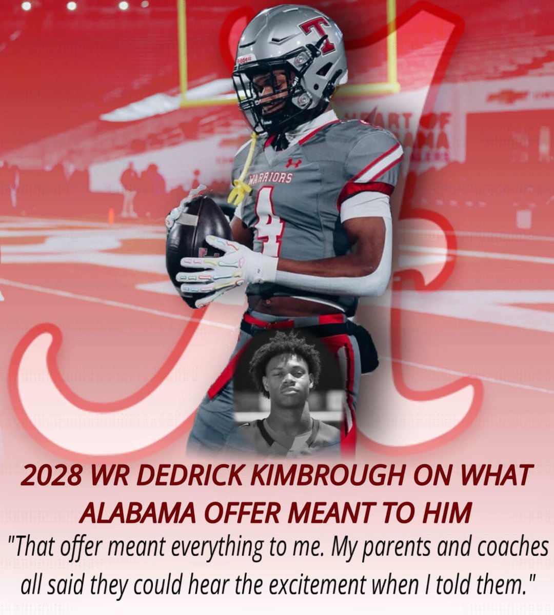 Brody Smoot (@brodysmoot) on Twitter photo 2028 WR Dedrick Kimbrough (<a href="/the1_DK/">Dedrick Kimbrough</a>) received an offer from Alabama after an impressive showing at the Alabama 7-on-7 camp.
Kimbrough described to me what his initial reaction was to receiving an offer from the Crimson Tide: 2028 WR Dedrick Kimbrough (<a href="/the1_DK/">Dedrick Kimbrough</a>) received an offer from Alabama after an impressive showing at the Alabama 7-on-7 camp.
Kimbrough described to me what his initial reaction was to receiving an offer from the Crimson Tide: