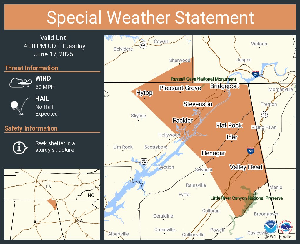 A special weather statement has been issued for Bridgeport AL, Henagar AL and  Stevenson AL until 4:00 PM CDT