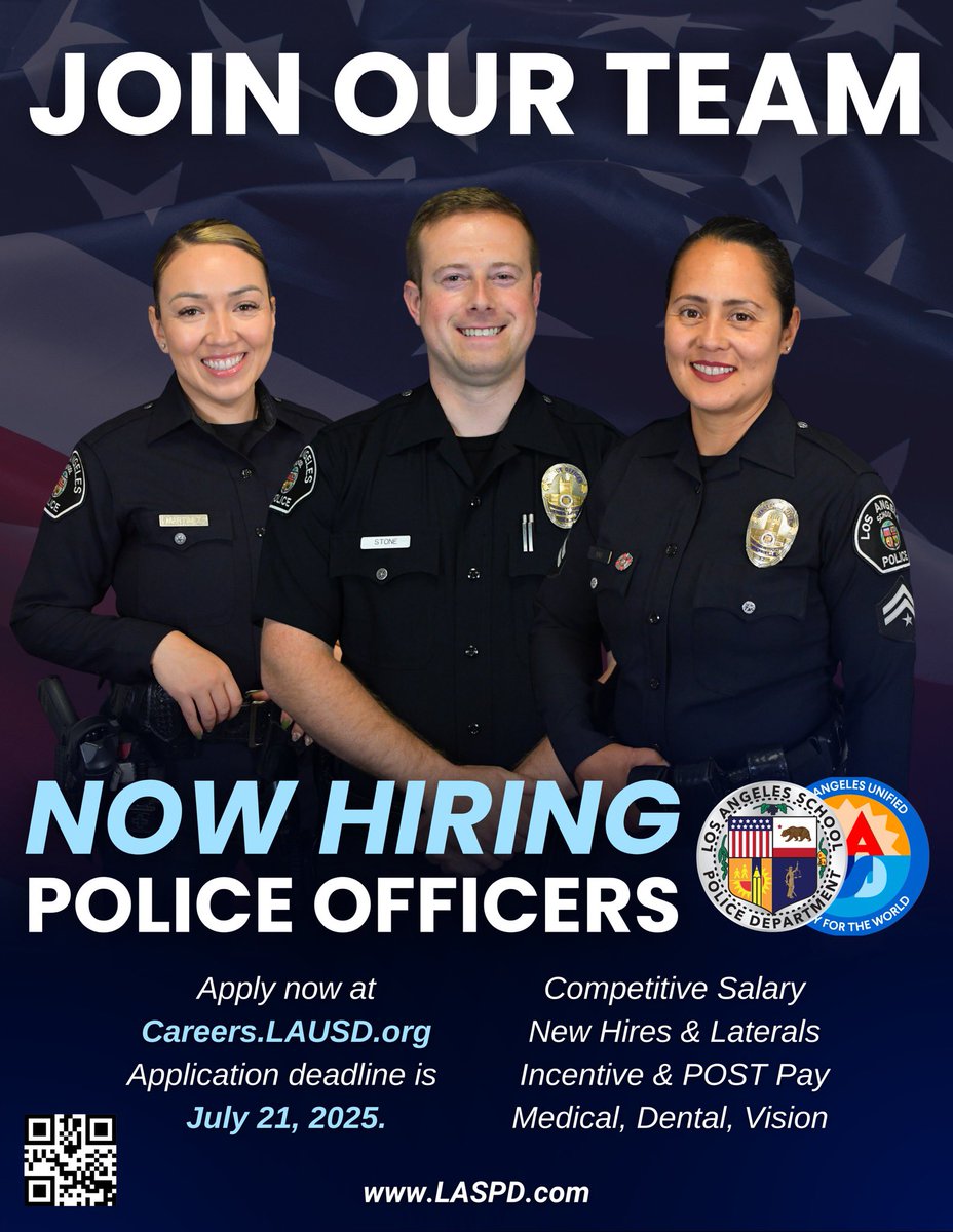 LA School Police (@laschoolpolice) on Twitter photo The #LASPD is hiring for the position of Police Officer and Lateral Police Officer.
Visit LASPD.com and click #JoinOurTeam to start your application today…instagram.com/p/DLA723BvqmW/…
‼️Deadline to apply is July 21, 2025‼️
#SchoolSafety #ServingTheFutureToday #Mentor The #LASPD is hiring for the position of Police Officer and Lateral Police Officer.
Visit LASPD.com and click #JoinOurTeam to start your application today…instagram.com/p/DLA723BvqmW/…
‼️Deadline to apply is July 21, 2025‼️
#SchoolSafety #ServingTheFutureToday #Mentor