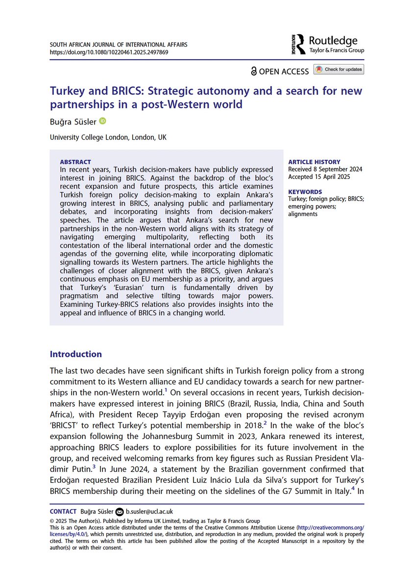 BugraSusler's tweet image. My latest article explores Turkey’s relationship with BRICS in the context of shifting global power dynamics and domestic politics. Published in the South African Journal of International Affairs as part of a special issue on BRICS and the global order. tandfonline.com/doi/full/10.10…