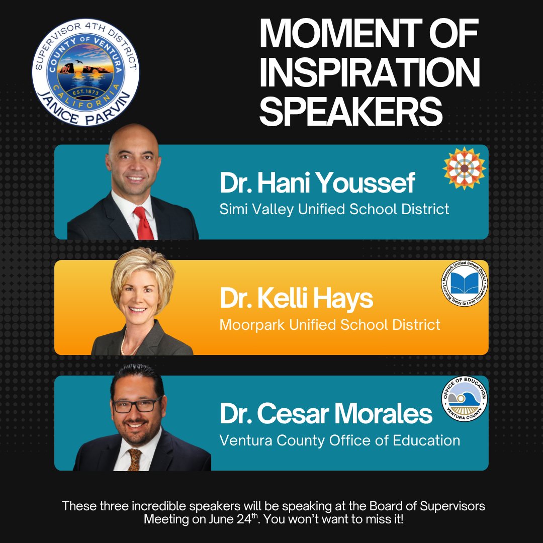 vcjaniceparvin's tweet image. At our June 24th Board of Supervisors Meeting, we’ll be joined by three inspiring leaders in education:
🌟 Dr. Hani Youssef – Simi Valley Unified School District
🌟 Dr. Kelli Hays – Moorpark Unified School District
🌟 Dr. Cesar Morales – Ventura County Office of Education