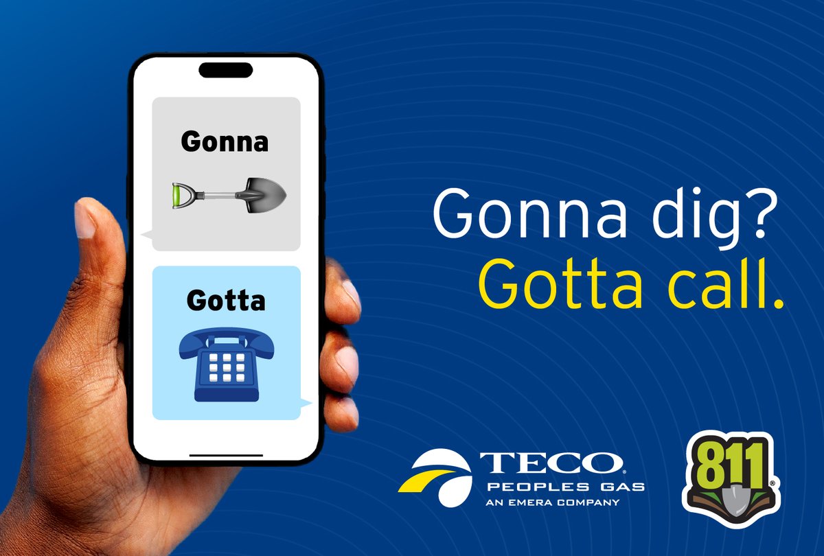 TECO Peoples Gas (@tecopeoplesgas) on Twitter photo Planning a DIY project? Avoid hitting underground utility lines by calling 811 at least 2 business days before you dig—it's free, it's the law, and helps keep you safe. peoplesgas.com/811 Planning a DIY project? Avoid hitting underground utility lines by calling 811 at least 2 business days before you dig—it's free, it's the law, and helps keep you safe. peoplesgas.com/811