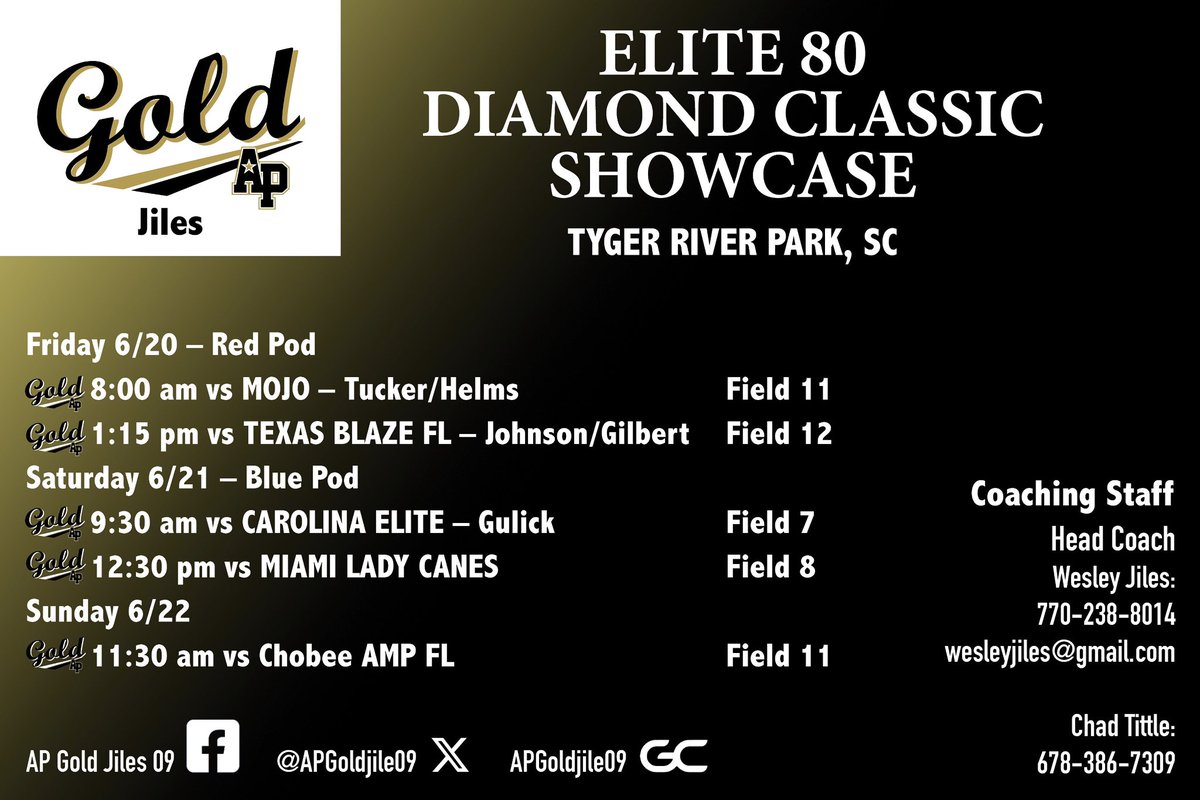 Sami Shackelford (@s_shackelford99) on Twitter photo We are so ready for the Elite 80 Diamond Classic Showcase in Tiger River park, SC! Come out and watch us play!! <a href="/EASRecruiting/">Empowered Analytic Sports Recruiting</a> <a href="/APGold09Jiles/">AP Gold 09 Jiles</a> <a href="/KellSoftball/">Kell Fastpitch</a> We are so ready for the Elite 80 Diamond Classic Showcase in Tiger River park, SC! Come out and watch us play!! <a href="/EASRecruiting/">Empowered Analytic Sports Recruiting</a> <a href="/APGold09Jiles/">AP Gold 09 Jiles</a> <a href="/KellSoftball/">Kell Fastpitch</a>
