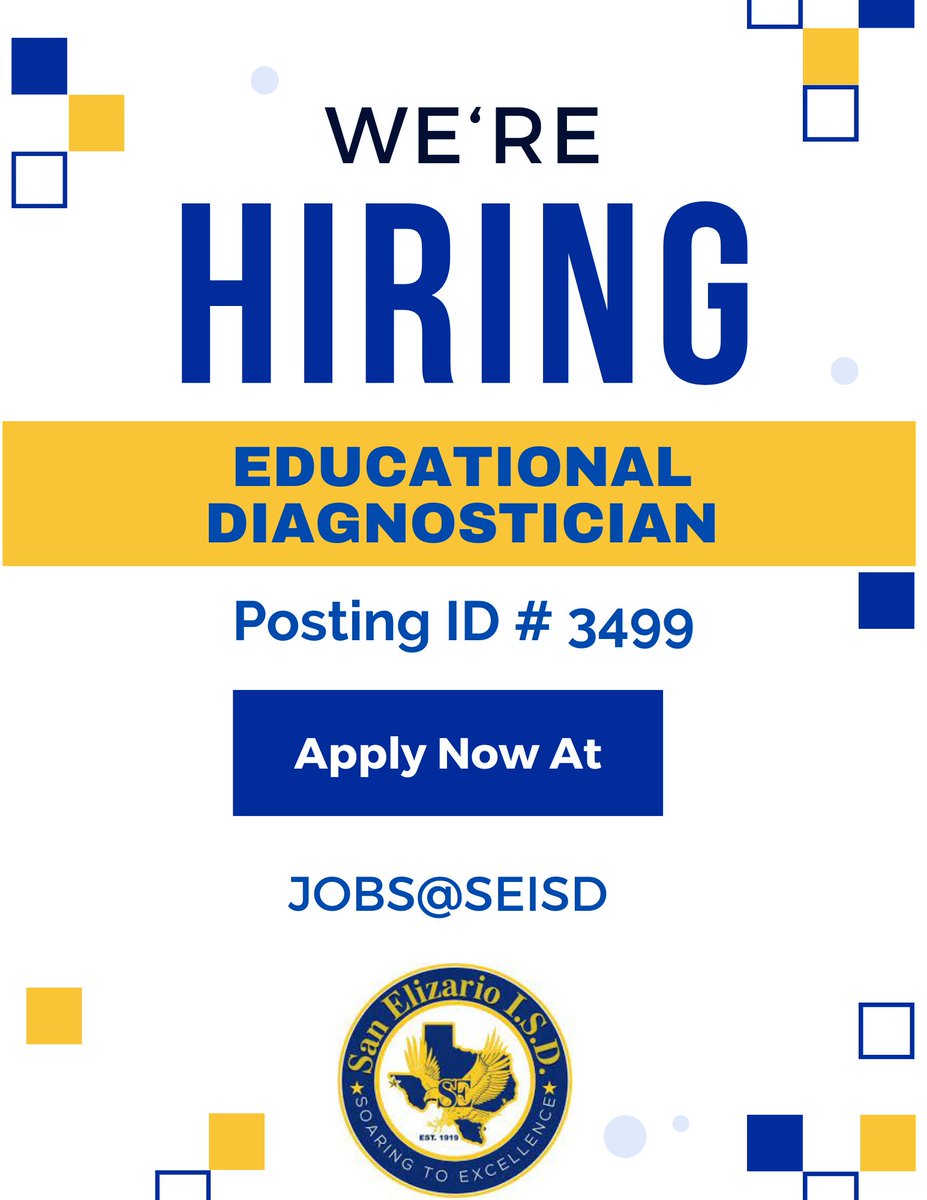 SanEliISD_HR (@saneliisdhr) on Twitter photo 📢We're hiring ! Educational Diagnostician Needed 📢
Join our team as an Educational Diagnostician and make a real difference in students' lives!
Apply at Jobs@SEISD
<a href="/SanElizarioISD/">San Elizario ISD</a> #SanEliManoAMano 📢We're hiring ! Educational Diagnostician Needed 📢
Join our team as an Educational Diagnostician and make a real difference in students' lives!
Apply at Jobs@SEISD
<a href="/SanElizarioISD/">San Elizario ISD</a> #SanEliManoAMano
