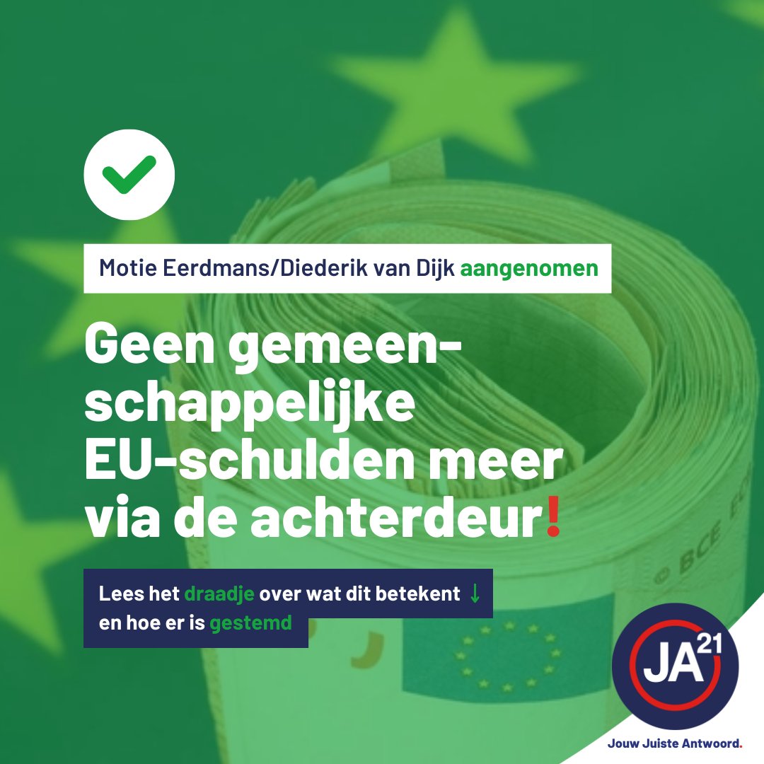 ✅ Motie aangenomen!

Met het excuus van een "crisis" kan de Europese Commissie onder de huidige EU-begroting (MFK) geleend geld goedkoop doorlenen aan lidstaten. 

Via het SAFE-instrument gingen miljarden rond: een stille stap naar gezamenlijke EU-schulden.
Dat is onwenselijk.