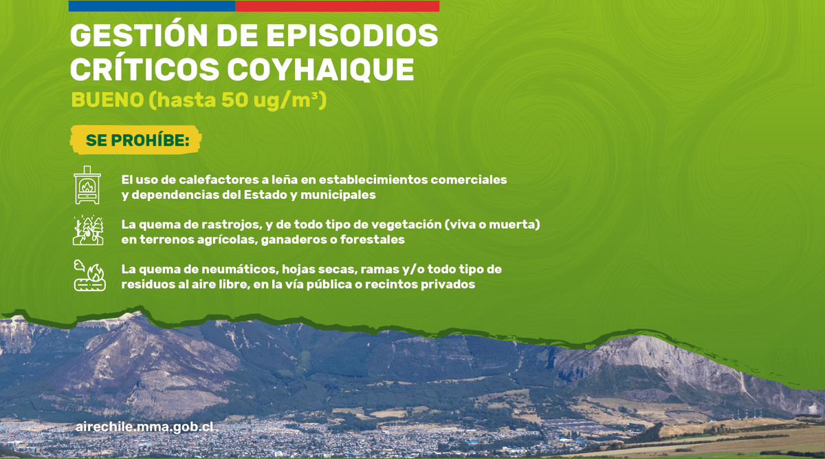 La Delegación Presidencial Regional de Aysén declara que para este miércoles 18 de junio, el pronóstico de calidad del aire en Coyhaique será BUENO
Para mayor información visita la página web    airecoyhaique.mma.gob.cl