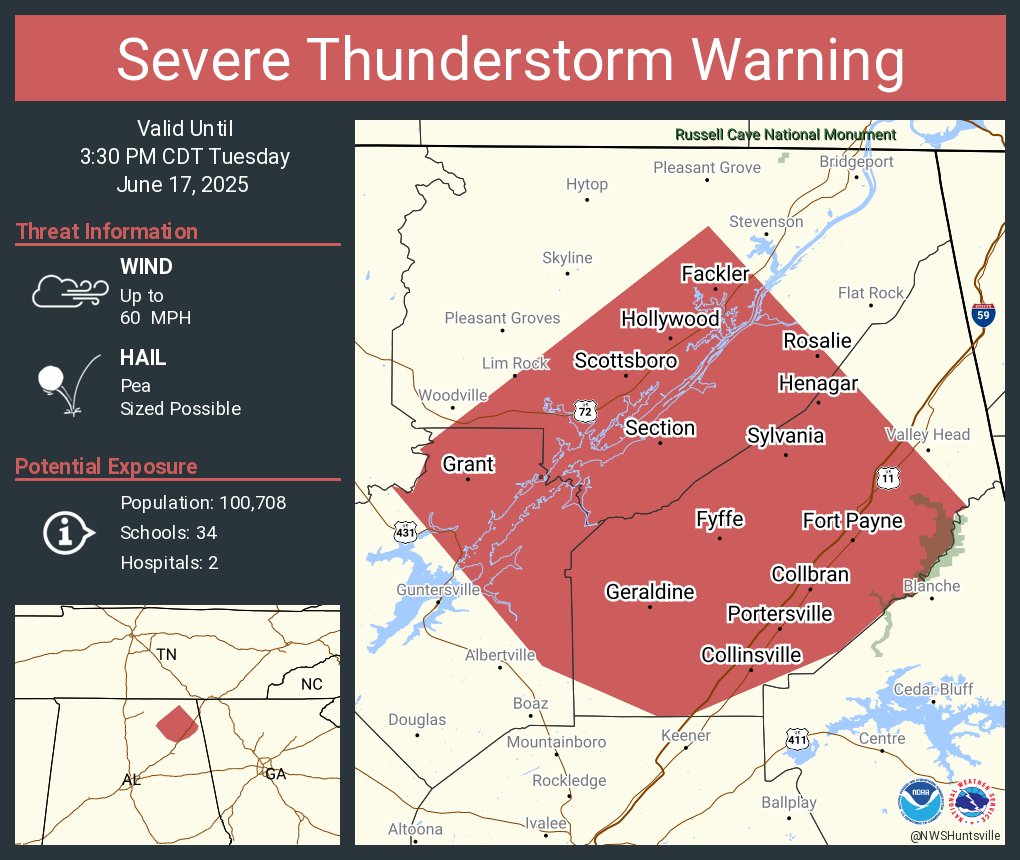 Severe Thunderstorm Warning including Scottsboro AL, Fort Payne AL and  Rainsville AL until 3:30 PM CDT