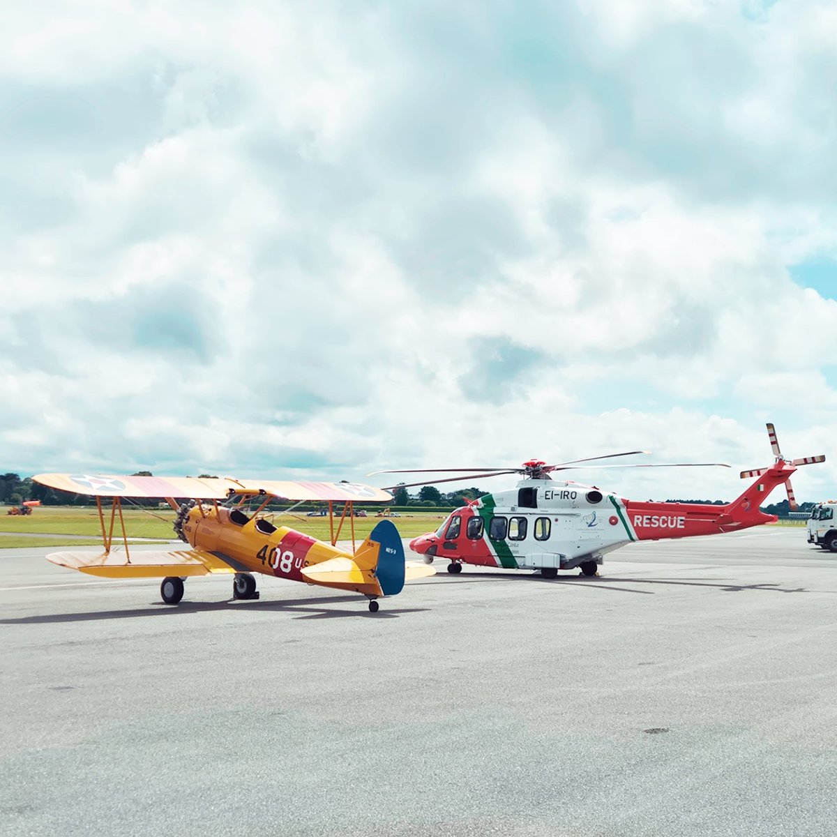 westonairport's tweet image. The majestic Boeing Stearman on the apron at Weston today. A great mix of old and new alongside the @Bristow_Group AW189, both adding some great colour on a summer's day! 🌞😎