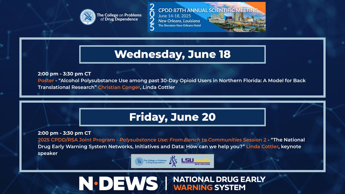 NDEWS (@ndewsnews) on Twitter photo Thank you to those who have stopped by to support NDEWS so far at #CPDD2025!
If you have not had a chance to and/or are interested in learning more, our team is still presenting posters and a mini symposium, along with the keynote at the 2025 <a href="/CPDDorg/">The College on Problems of Drug Dependence</a> /<a href="/RSAposts/">RSoA</a> Joint Program! Thank you to those who have stopped by to support NDEWS so far at #CPDD2025!
If you have not had a chance to and/or are interested in learning more, our team is still presenting posters and a mini symposium, along with the keynote at the 2025 <a href="/CPDDorg/">The College on Problems of Drug Dependence</a> /<a href="/RSAposts/">RSoA</a> Joint Program!