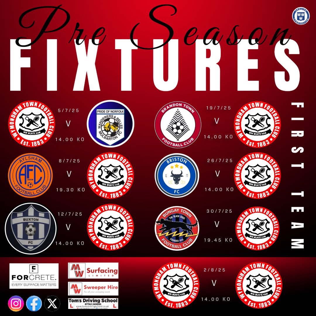 Wymondham Town FC (@wymondham_fc) on Twitter photo 🔴👊🏼⚫️
Updated Pre Season Fixtures for the First Team! 👌🏻 🔴👊🏼⚫️
Updated Pre Season Fixtures for the First Team! 👌🏻