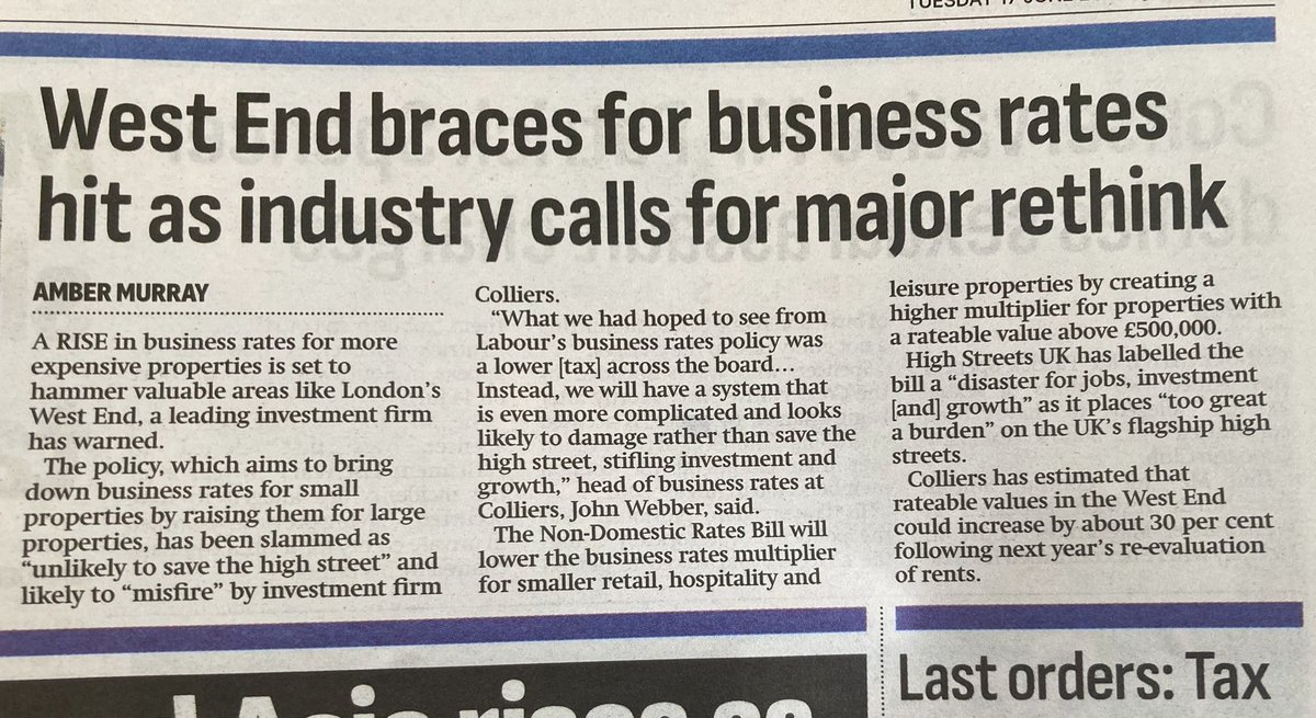 The #WestEnd is home to about 10% of UK GVA - this really is the engine room of huge parts of our economy.

But the businesses this hits are not the ones with the biggest profits, but the shops and hospitality businesses already buckling under the Chancellor's NI rises - own goal