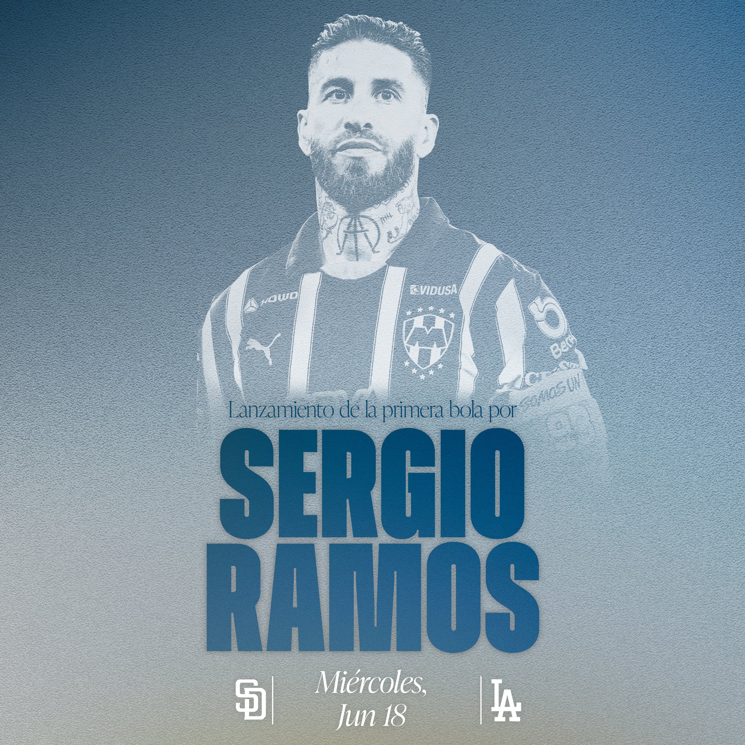 Un gráfico promoviendo el lanzamiento de la primera bola de Sergio Ramos el miércoles 18 de junio del 2025 cuando Los Dodgers reciban a los Padres en Dodger Stadium.