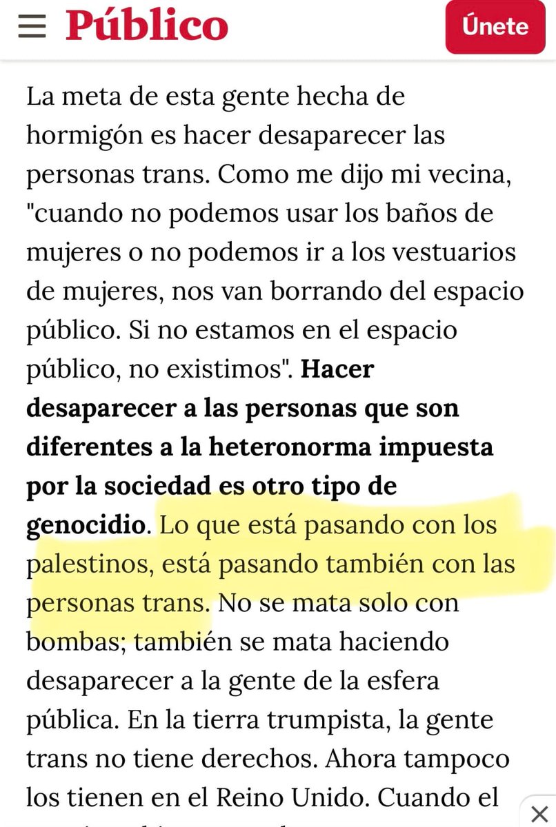 Esto es ignominioso,pero no parece incomodar <a href="/manuelrico/">Manuel Rico</a> ni a nadie en <a href="/publico_es/">Público</a> el símil.Recuperación 1: concepto d "borrado" robado a las RAdfem, Recup 2: genocidio,no dejar entrar a varones autoidentificados mujeres en baños d mujeres es como el genocidio palestino
¡DELIRIO!
