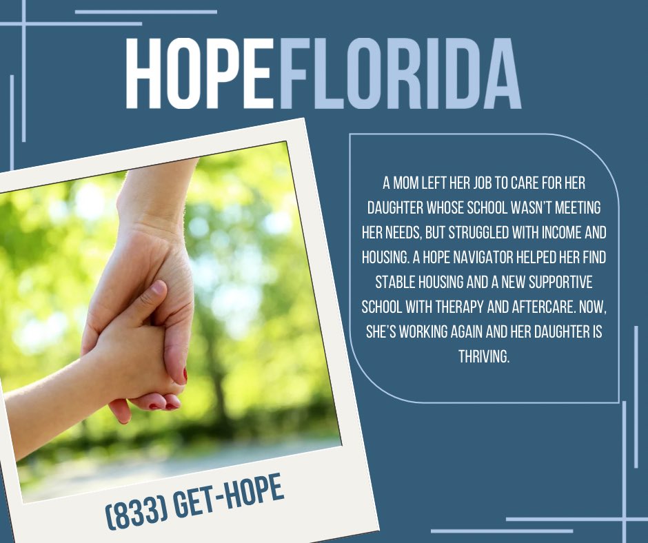 HopeFlorida's tweet image. A mom left her job to care for her daughter whose school wasn’t meeting her needs, but struggled with income and housing. A Hope Navigator helped her find stable housing and a new supportive school with therapy and aftercare. Now, she’s working again and her daughter is thriving.