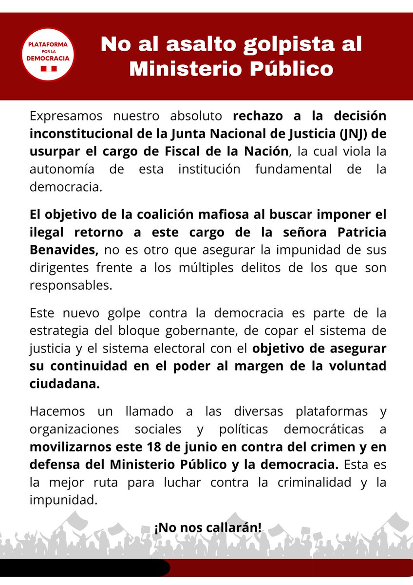Rechazamos la decisión inconstitucional de la JNJ de usurpar el cargo en <a href="/FiscaliaPeru/">Ministerio Público</a>. Buscan imponer a Patricia Benavides para blindar a corruptos.
📢 Este #18J, salgamos en defensa del Ministerio Público y la democracia. #ParoNacional