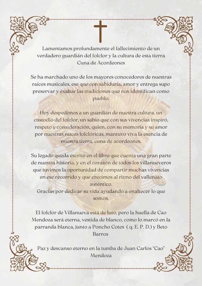 José Félix Lafaurie (@jflafaurie) on Twitter photo Cuanto lo sentimos y cuanto extrañaremos a CAO MENDOZA personaje sin par de mi tierra Villanuevera; referente de nuestro folclore y amigo entrañable. Adiós mi querido CAO en el cielo te recibirá Ponchito COTES con una parranda blanca. <a href="/festivalcuna/">Festival Cuna de Acordeones</a> Cuanto lo sentimos y cuanto extrañaremos a CAO MENDOZA personaje sin par de mi tierra Villanuevera; referente de nuestro folclore y amigo entrañable. Adiós mi querido CAO en el cielo te recibirá Ponchito COTES con una parranda blanca. <a href="/festivalcuna/">Festival Cuna de Acordeones</a>