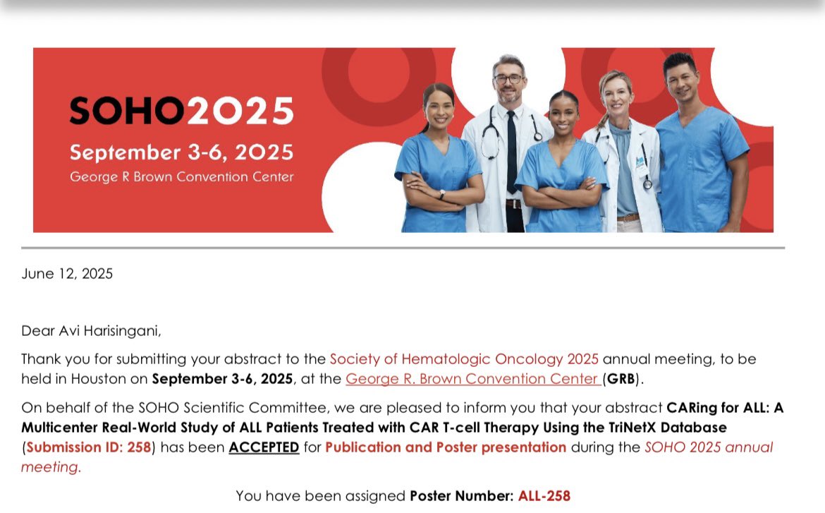 Avi Harisingani, MD (@aviharisingani) on Twitter photo Thrilled to share that our abstract has been accepted for a poster presentation at #SOHO2025! Excited to be returning to Houston and catching up with mentors & colleagues!
<a href="/nikhil_vojjala/">Nikhil Vojjala, MD</a> <a href="/deevyaparekh/">deevyaparekh</a> <a href="/SocietyofHemOnc/">Society of Hematologic Oncology (SOHO)</a> Thrilled to share that our abstract has been accepted for a poster presentation at #SOHO2025! Excited to be returning to Houston and catching up with mentors & colleagues!
<a href="/nikhil_vojjala/">Nikhil Vojjala, MD</a> <a href="/deevyaparekh/">deevyaparekh</a> <a href="/SocietyofHemOnc/">Society of Hematologic Oncology (SOHO)</a>